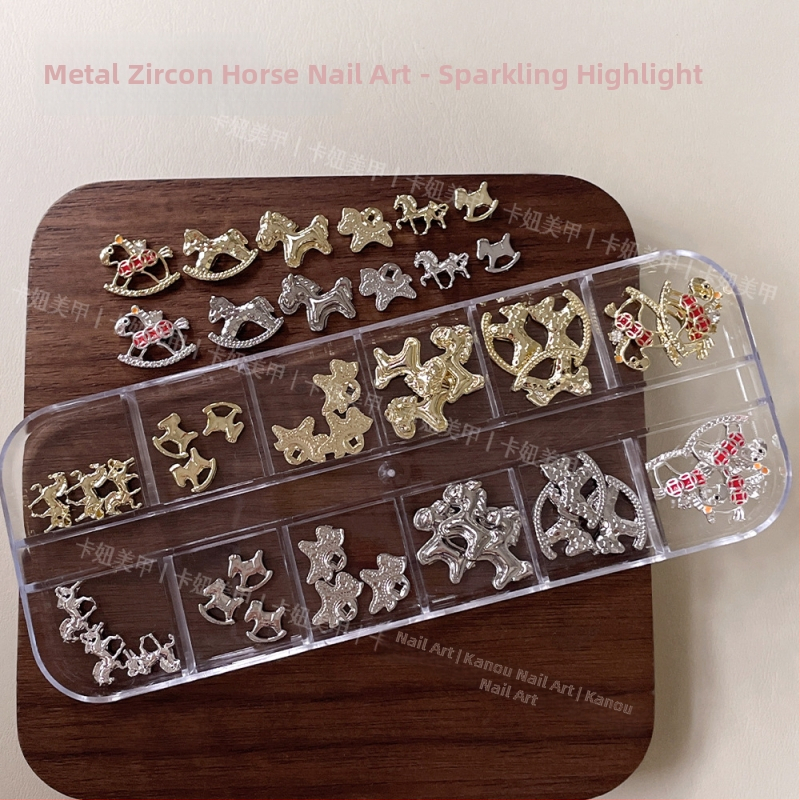 Dekoracije za nokte Godina konja, 12-grid mješavina cirkonija, legura, kod Z2HJ146, Serija Princeza, Crtani uzorak, Stil laganog luksuza, Instagram stil