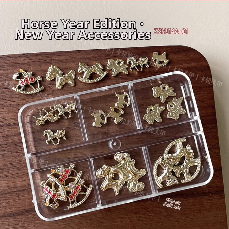 Dekoracije za nokte Godina konja, 12-grid mješavina cirkonija, legura, kod Z2HJ146, Serija Princeza, Crtani uzorak, Stil laganog luksuza, Instagram stil