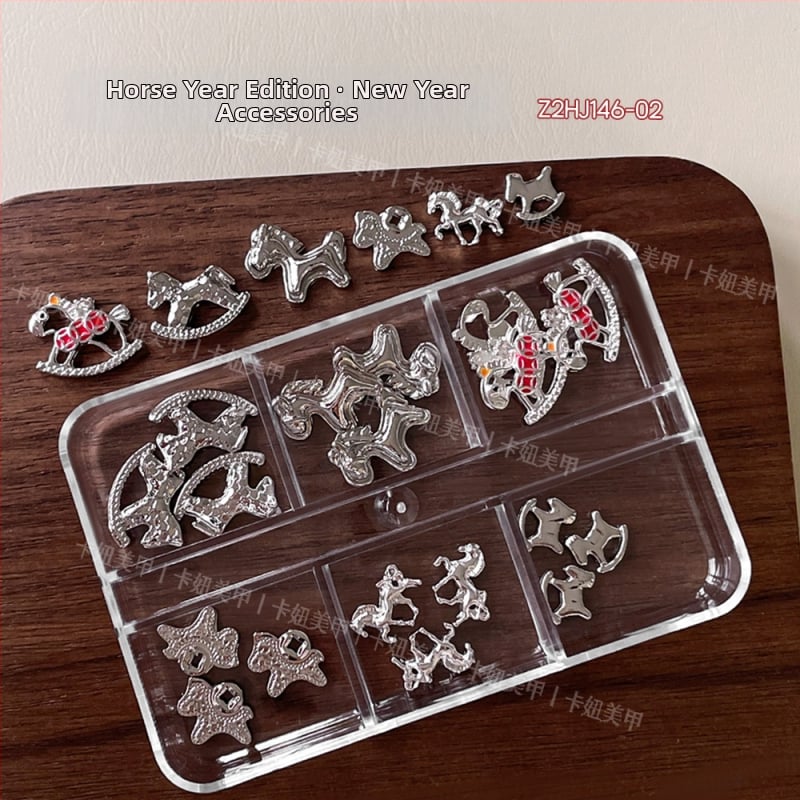 Dekoracije za nokte Godina konja, 12-grid mješavina cirkonija, legura, kod Z2HJ146, Serija Princeza, Crtani uzorak, Stil laganog luksuza, Instagram stil