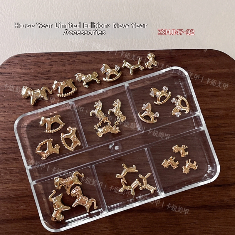 Dekoracije za nokte Godina konja, 12-grid mješavina cirkonija, legura, kod Z2HJ146, Serija Princeza, Crtani uzorak, Stil laganog luksuza, Instagram stil