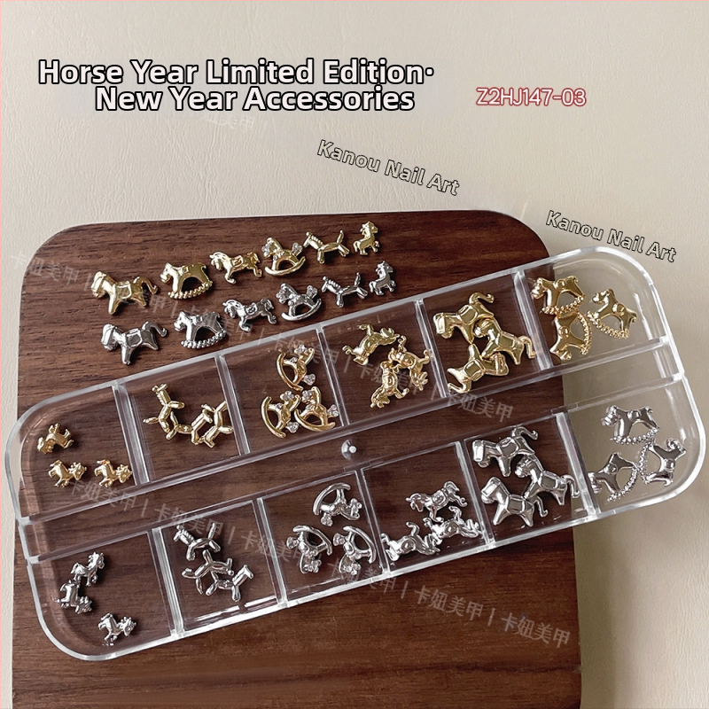 Dekoracije za nokte Godina konja, 12-grid mješavina cirkonija, legura, kod Z2HJ146, Serija Princeza, Crtani uzorak, Stil laganog luksuza, Instagram stil