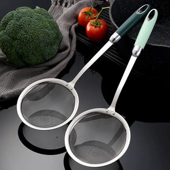 304 rozsdamentes acél hálószűrő hosszú nyéllel, mély olajsütéshez és forró fazékhoz – csúszásgátló, égésgátló, kettős akasztó