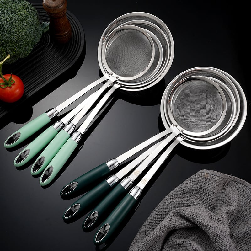 304 rozsdamentes acél hálószűrő hosszú nyéllel, mély olajsütéshez és forró fazékhoz – csúszásgátló, égésgátló, kettős akasztó