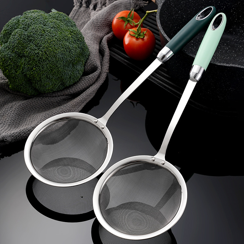 304 rozsdamentes acél hálószűrő hosszú nyéllel, mély olajsütéshez és forró fazékhoz – csúszásgátló, égésgátló, kettős akasztó