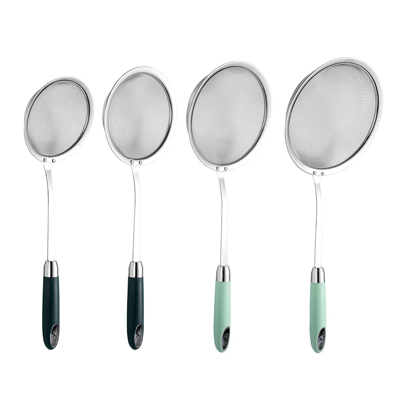 304 rozsdamentes acél hálószűrő hosszú nyéllel, mély olajsütéshez és forró fazékhoz – csúszásgátló, égésgátló, kettős akasztó