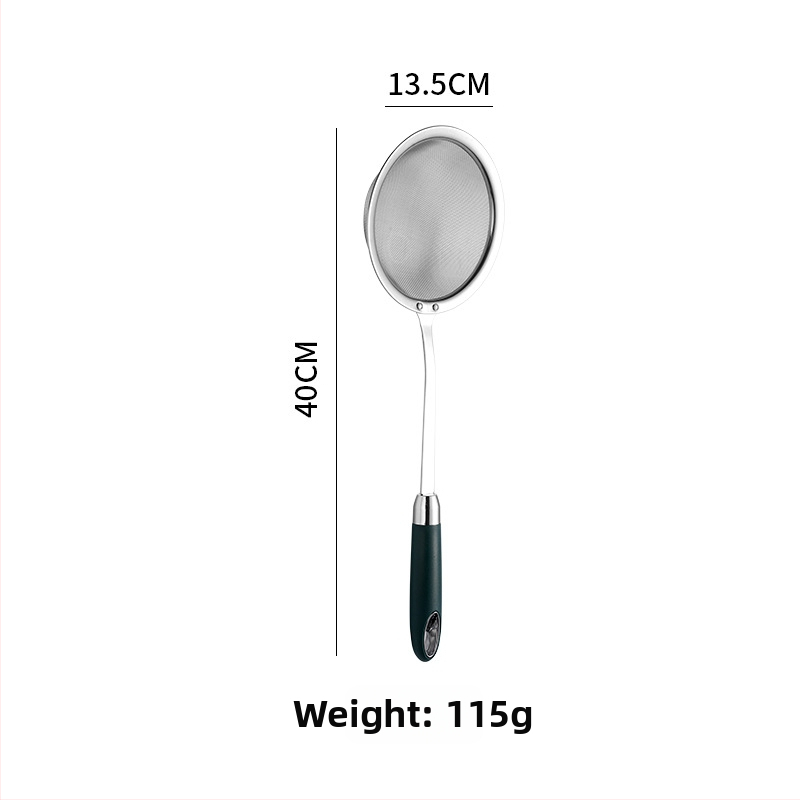 304 rozsdamentes acél hálószűrő hosszú nyéllel, mély olajsütéshez és forró fazékhoz – csúszásgátló, égésgátló, kettős akasztó