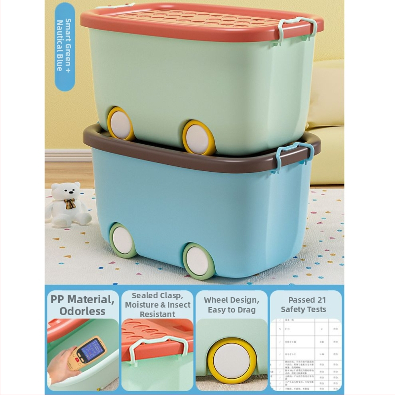 Πλαστικό κουτί αποθήκευσης παιχνιδιών με τροχούς, φορητό, χωρητικότητα 20–30 λίτρων, πολυχρηστικό, στυλ καρτούν