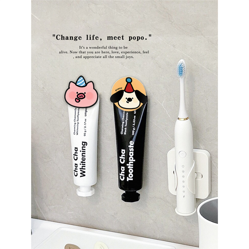 Държач за паста за зъби Happy Little Pig, стенен монтаж без пробиване, клип за паста и шкаф за съхранение до мивката