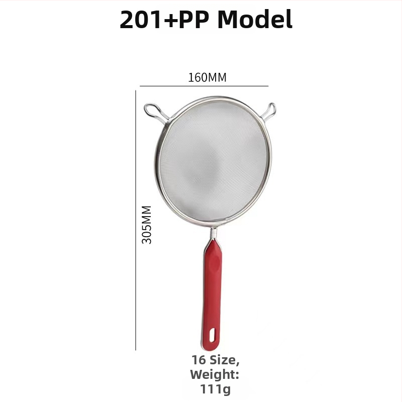Kézi szita 201-es rozsdamentes acélból, két füllel, sütéshez — csúszásmentes, égésgátló