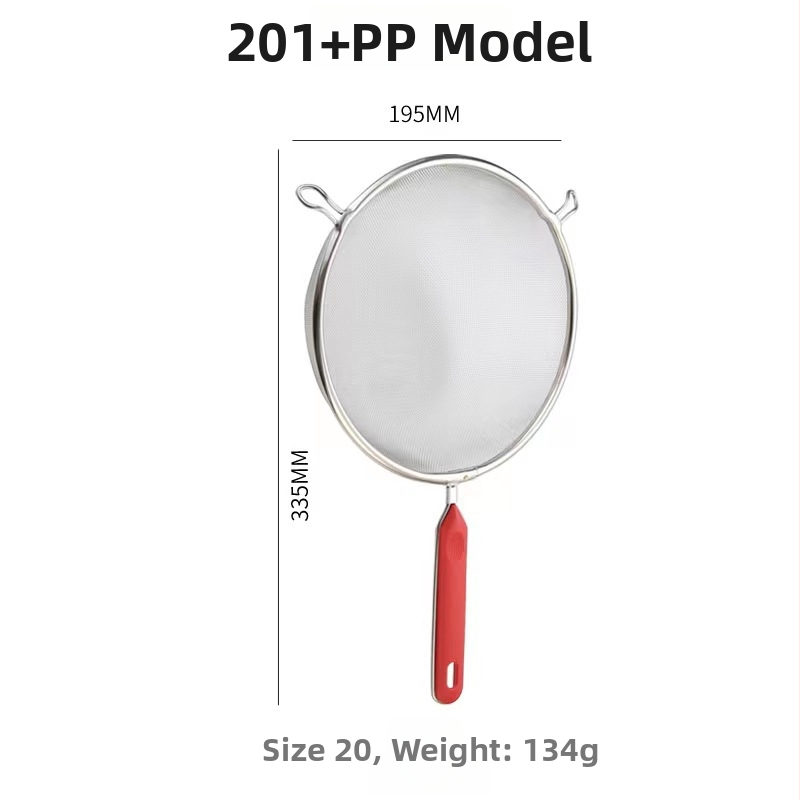 Kézi szita 201-es rozsdamentes acélból, két füllel, sütéshez — csúszásmentes, égésgátló