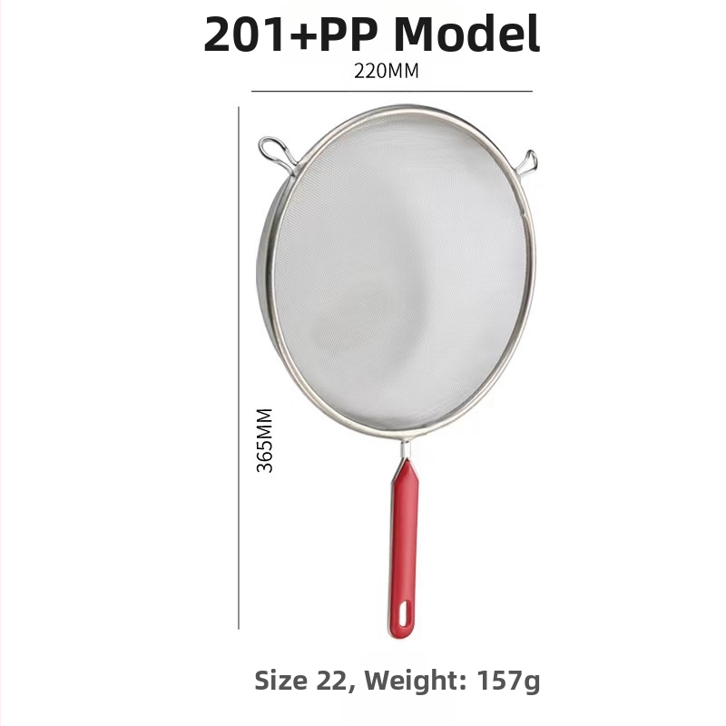 Kézi szita 201-es rozsdamentes acélból, két füllel, sütéshez — csúszásmentes, égésgátló