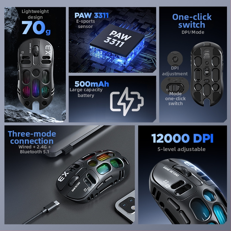 Thunder Wolf X3 ποντίκι παιχνιδιών — τρεις επιλογές σύνδεσης (2.4G + Bluetooth), εργονομικό, 12000 DPI, 6 πλήκτρα