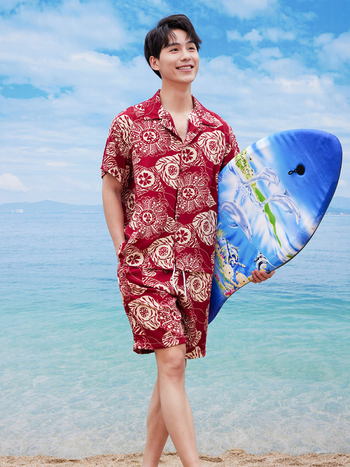 Ανδρικό σετ κοντομάνικο πουκάμισο και σορτς με φλοράλ μοτίβο, χαλαρή εφαρμογή, 100% βισκόζη, ψηφιακή εκτύπωση