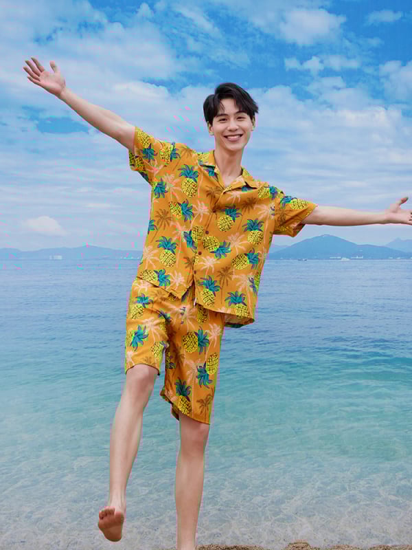 Ανδρικό σετ κοντομάνικο πουκάμισο και σορτς με φλοράλ μοτίβο, χαλαρή εφαρμογή, 100% βισκόζη, ψηφιακή εκτύπωση