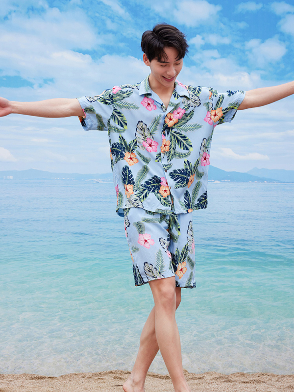 Ανδρικό σετ κοντομάνικο πουκάμισο και σορτς με φλοράλ μοτίβο, χαλαρή εφαρμογή, 100% βισκόζη, ψηφιακή εκτύπωση