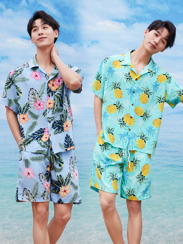 Ανδρικό σετ κοντομάνικο πουκάμισο και σορτς με φλοράλ μοτίβο, χαλαρή εφαρμογή, 100% βισκόζη, ψηφιακή εκτύπωση
