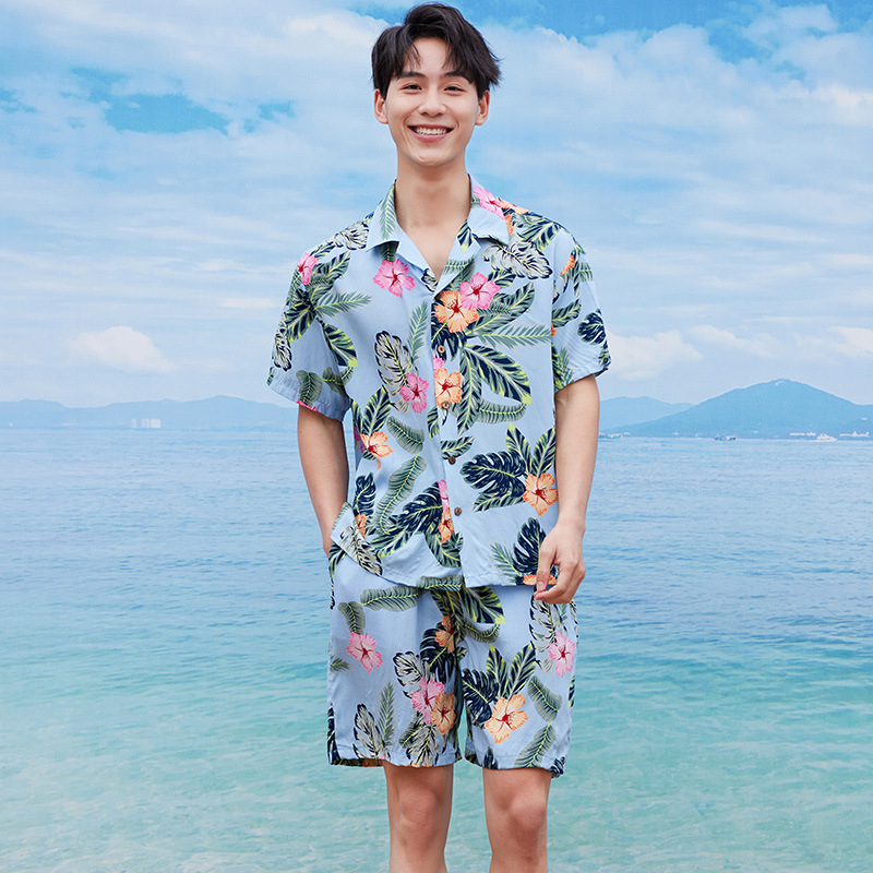 Ανδρικό σετ κοντομάνικο πουκάμισο και σορτς με φλοράλ μοτίβο, χαλαρή εφαρμογή, 100% βισκόζη, ψηφιακή εκτύπωση
