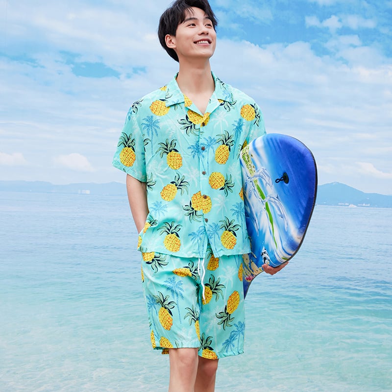 Ανδρικό σετ κοντομάνικο πουκάμισο και σορτς με φλοράλ μοτίβο, χαλαρή εφαρμογή, 100% βισκόζη, ψηφιακή εκτύπωση