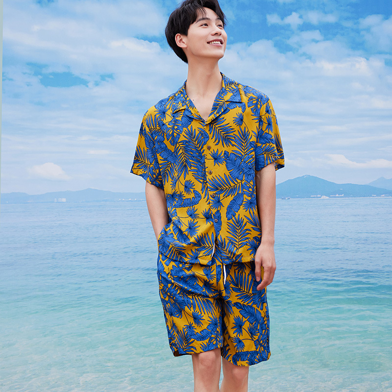 Ανδρικό σετ κοντομάνικο πουκάμισο και σορτς με φλοράλ μοτίβο, χαλαρή εφαρμογή, 100% βισκόζη, ψηφιακή εκτύπωση