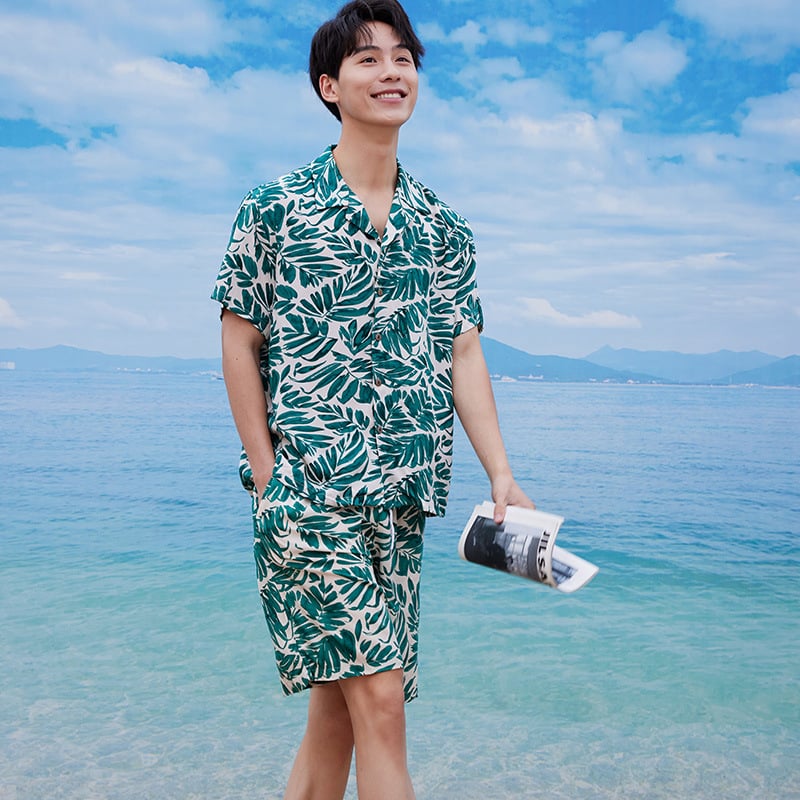 Ανδρικό σετ κοντομάνικο πουκάμισο και σορτς με φλοράλ μοτίβο, χαλαρή εφαρμογή, 100% βισκόζη, ψηφιακή εκτύπωση