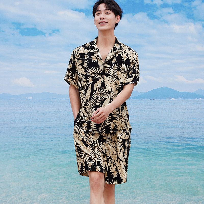 Ανδρικό σετ κοντομάνικο πουκάμισο και σορτς με φλοράλ μοτίβο, χαλαρή εφαρμογή, 100% βισκόζη, ψηφιακή εκτύπωση
