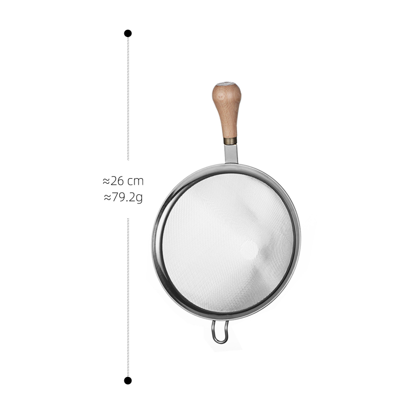 304 rozsdamentes acélból készült filterháló bükkfa fogantyúval – csúszásmentes, égés elleni.