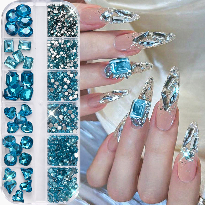 12-dijelni dodaci za manikuru: dvostruki stakleni okrugli rhinestones s špicastim dnom i nepravilnim oblicima kristala, u 8 boja, ravno dno