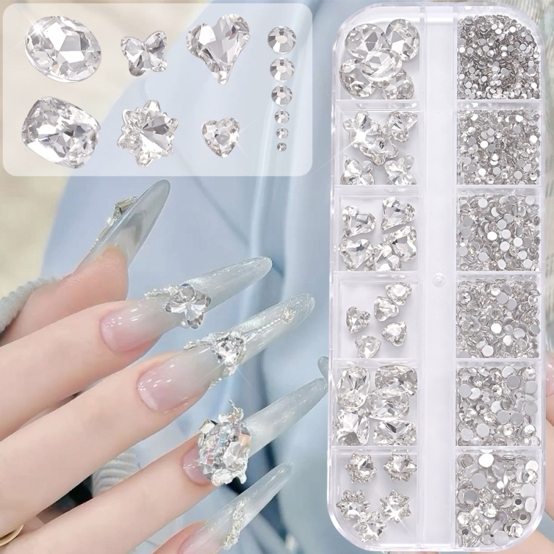 12-dijelni dodaci za manikuru: dvostruki stakleni okrugli rhinestones s špicastim dnom i nepravilnim oblicima kristala, u 8 boja, ravno dno