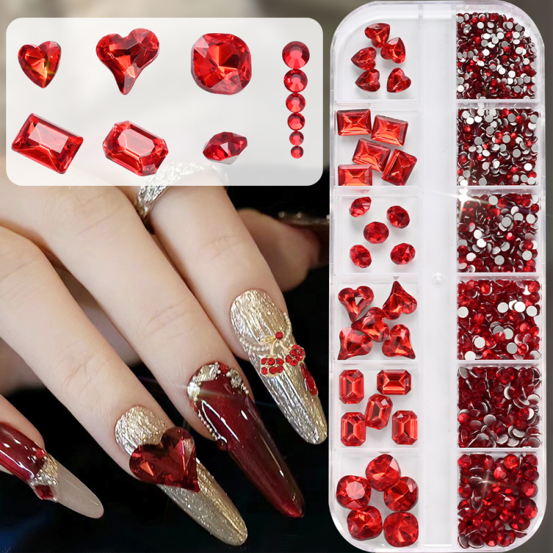 12-dijelni dodaci za manikuru: dvostruki stakleni okrugli rhinestones s špicastim dnom i nepravilnim oblicima kristala, u 8 boja, ravno dno
