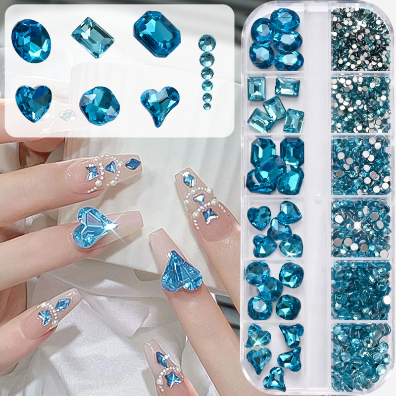 12-dijelni dodaci za manikuru: dvostruki stakleni okrugli rhinestones s špicastim dnom i nepravilnim oblicima kristala, u 8 boja, ravno dno