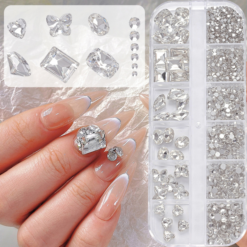 12-dijelni dodaci za manikuru: dvostruki stakleni okrugli rhinestones s špicastim dnom i nepravilnim oblicima kristala, u 8 boja, ravno dno