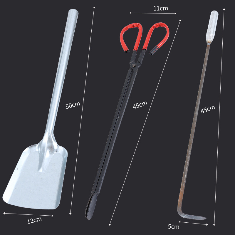 Σετ εργαλείων για σόμπα με κάρβουνο Xiangsu — άγκιστρο φωτιάς, λαβίδες φωτιάς, φτυάρι κάρβουνου, κλιπ μπάρμπεκιου κάρβουνου; τετράγωνο σχήμα, καθολικό στυλ