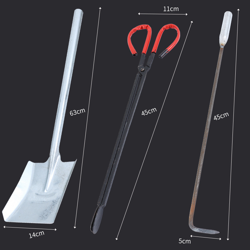 Σετ εργαλείων για σόμπα με κάρβουνο Xiangsu — άγκιστρο φωτιάς, λαβίδες φωτιάς, φτυάρι κάρβουνου, κλιπ μπάρμπεκιου κάρβουνου; τετράγωνο σχήμα, καθολικό στυλ