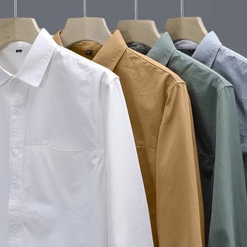 Αντρικό πουκάμισo με μακριά μανίκια, 100% βαμβάκι, για όλες τις εποχές, casual με γιάκατύ τύπου πέτο, λεπτομέρεια τσέπης