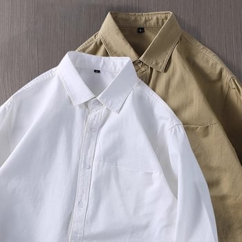 Αντρικό πουκάμισo με μακριά μανίκια, 100% βαμβάκι, για όλες τις εποχές, casual με γιάκατύ τύπου πέτο, λεπτομέρεια τσέπης