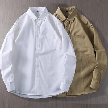 Αντρικό πουκάμισo με μακριά μανίκια, 100% βαμβάκι, για όλες τις εποχές, casual με γιάκατύ τύπου πέτο, λεπτομέρεια τσέπης