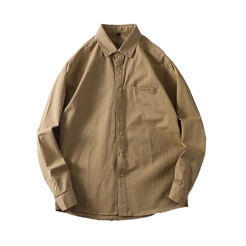 Αντρικό πουκάμισo με μακριά μανίκια, 100% βαμβάκι, για όλες τις εποχές, casual με γιάκατύ τύπου πέτο, λεπτομέρεια τσέπης