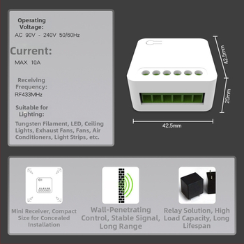 Comutator wireless cu telecomandă pentru iluminat, canal unic, 220V, modul RF 433MHz, uz casnic