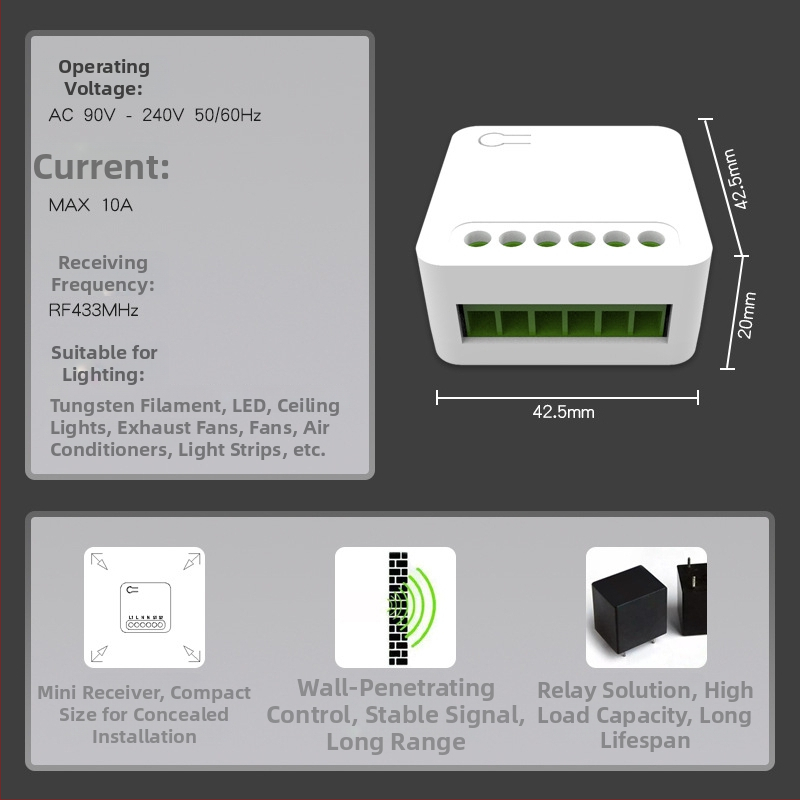 Comutator wireless cu telecomandă pentru iluminat, canal unic, 220V, modul RF 433MHz, uz casnic