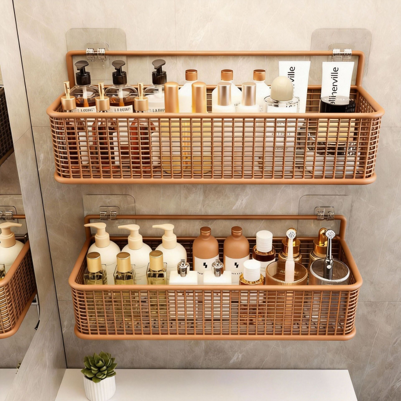 Zidna polica za kupaonicu, dvostruka etaža, bez bušenja, nosivost do 1 kg, završni lak