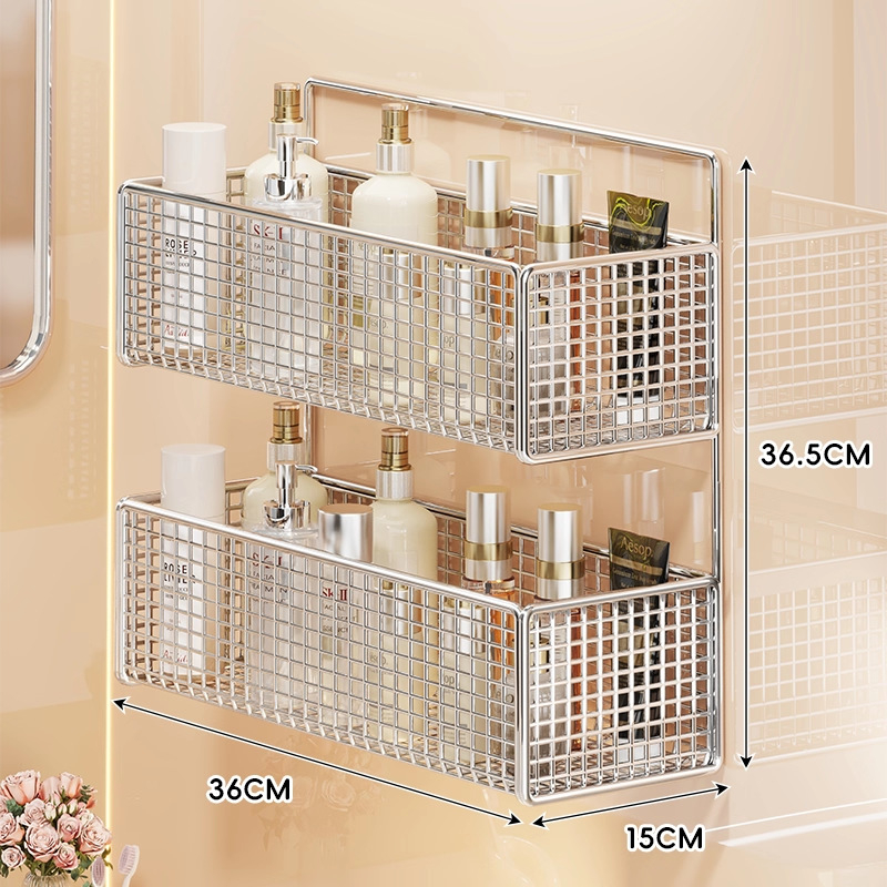 Zidna polica za kupaonicu, dvostruka etaža, bez bušenja, nosivost do 1 kg, završni lak