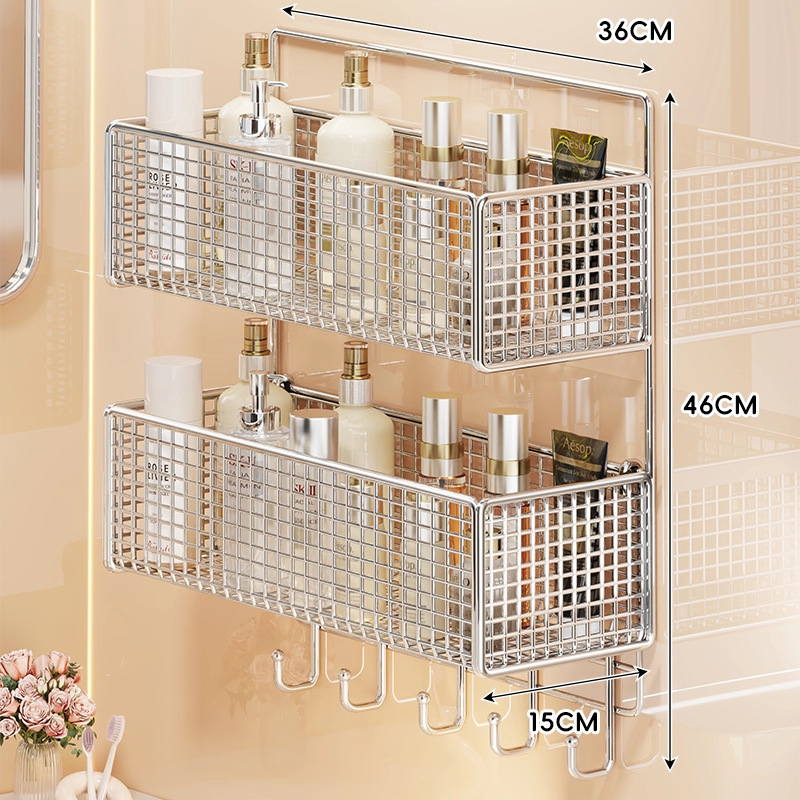 Zidna polica za kupaonicu, dvostruka etaža, bez bušenja, nosivost do 1 kg, završni lak