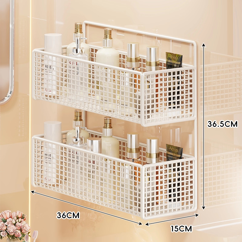 Zidna polica za kupaonicu, dvostruka etaža, bez bušenja, nosivost do 1 kg, završni lak