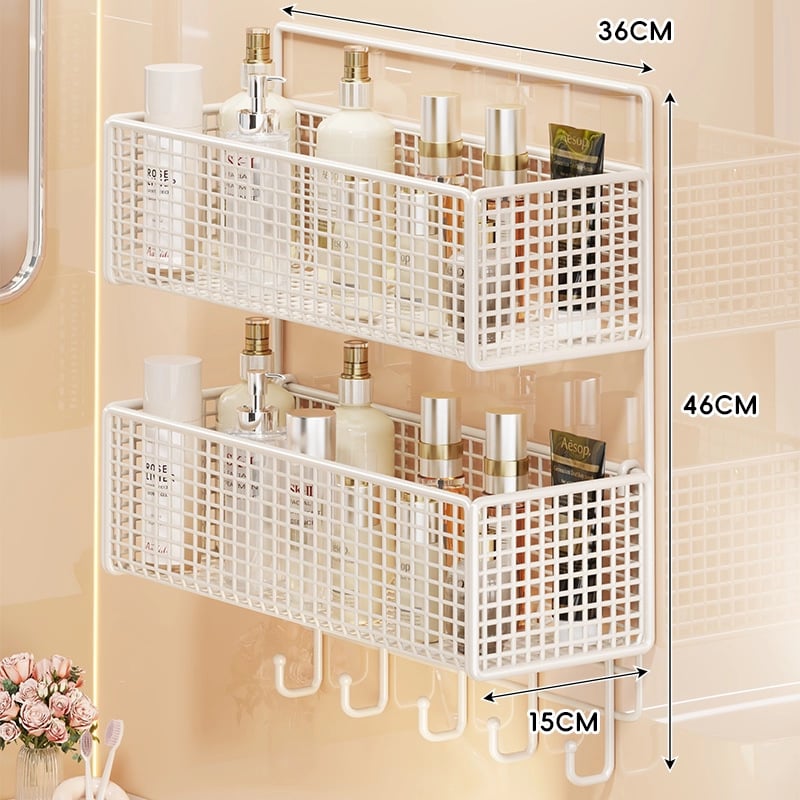 Zidna polica za kupaonicu, dvostruka etaža, bez bušenja, nosivost do 1 kg, završni lak