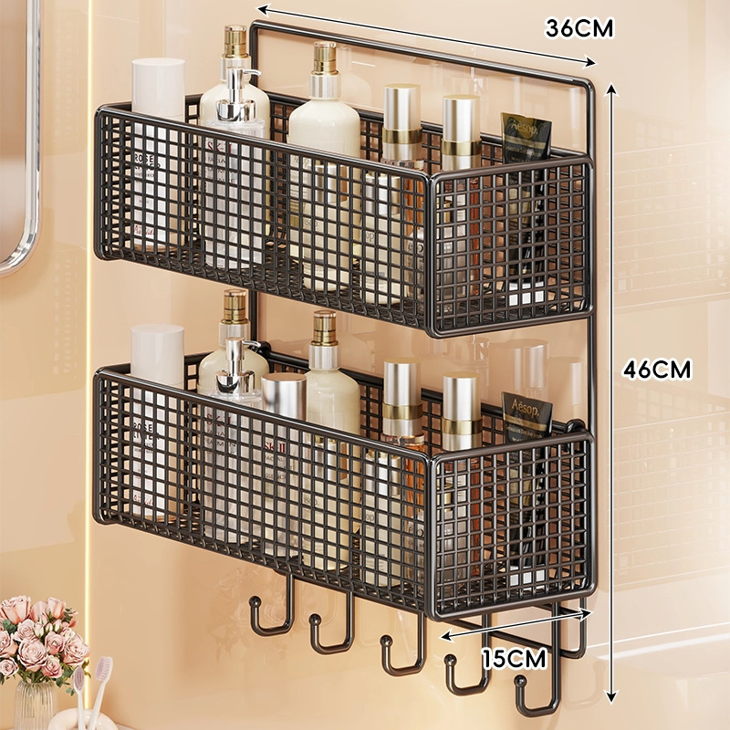 Zidna polica za kupaonicu, dvostruka etaža, bez bušenja, nosivost do 1 kg, završni lak