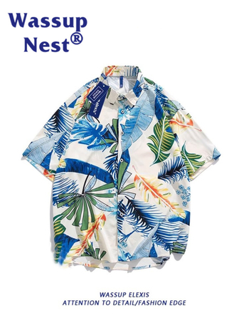 WASSUP Σετ παραλίας: πουκάμισο με κοντό μανίκι και σορτσάκι από πολυεστέρα-ελαστάν, ψηφιακή εκτύπωση, χαλαρή γραμμή, καλοκαίρι 2025