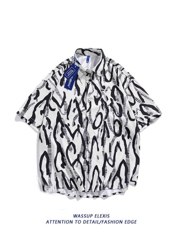 WASSUP Σετ παραλίας: πουκάμισο με κοντό μανίκι και σορτσάκι από πολυεστέρα-ελαστάν, ψηφιακή εκτύπωση, χαλαρή γραμμή, καλοκαίρι 2025