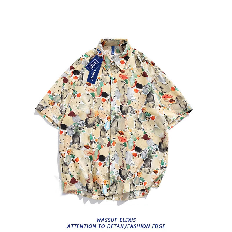 WASSUP Σετ παραλίας: πουκάμισο με κοντό μανίκι και σορτσάκι από πολυεστέρα-ελαστάν, ψηφιακή εκτύπωση, χαλαρή γραμμή, καλοκαίρι 2025