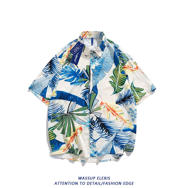 WASSUP Σετ παραλίας: πουκάμισο με κοντό μανίκι και σορτσάκι από πολυεστέρα-ελαστάν, ψηφιακή εκτύπωση, χαλαρή γραμμή, καλοκαίρι 2025