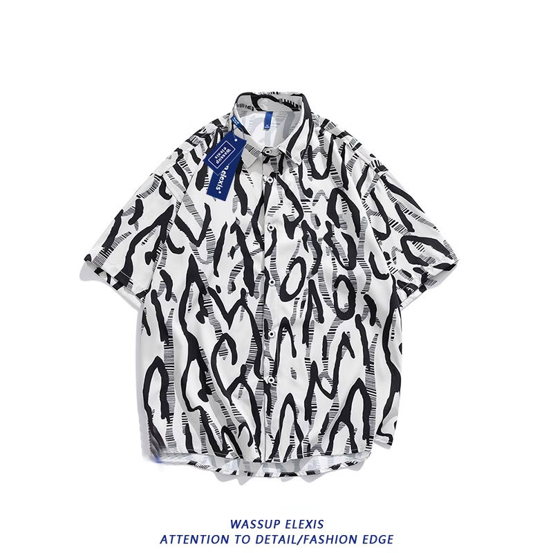 WASSUP Σετ παραλίας: πουκάμισο με κοντό μανίκι και σορτσάκι από πολυεστέρα-ελαστάν, ψηφιακή εκτύπωση, χαλαρή γραμμή, καλοκαίρι 2025